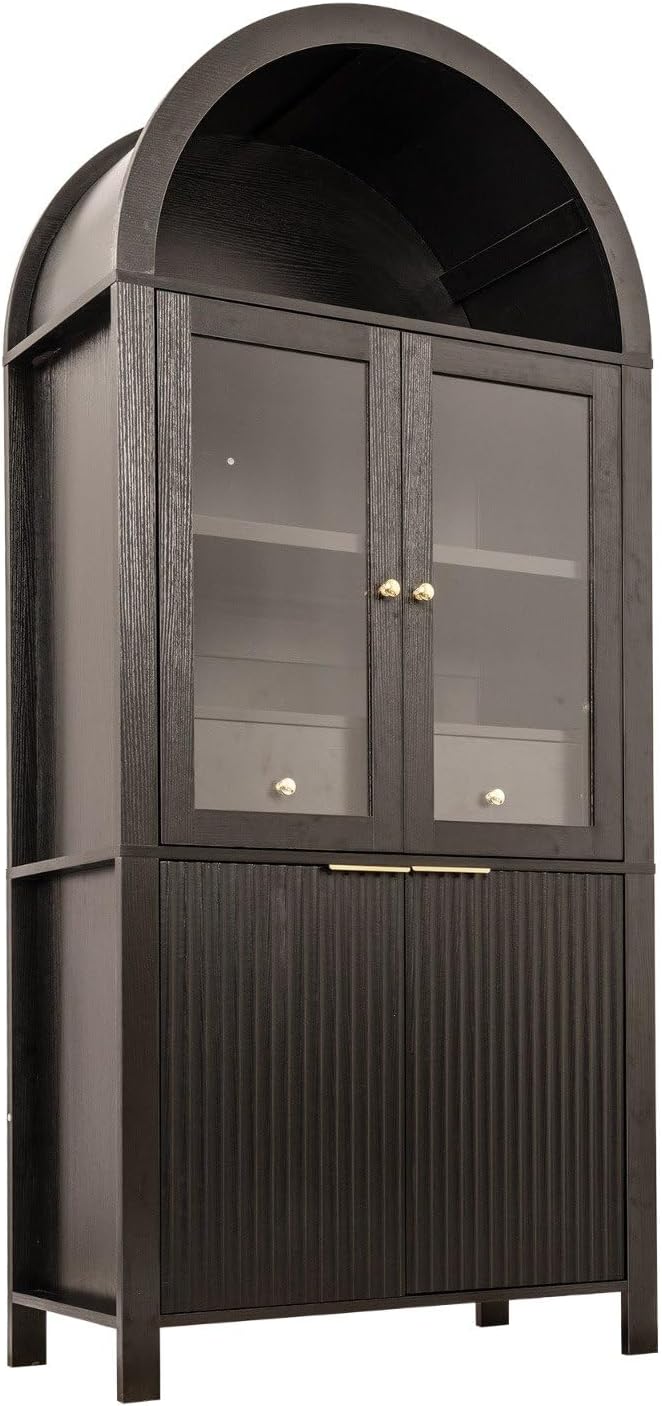 71" Tall Arched Pantry Cabinet with Glass Doors, Fluted Kitchen Storage ...