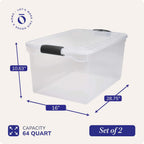 HOMZ 2-Pack Secure Latch, Clear Plastic Storage Organizer Bins, 64 Quart, Gray Latches - Stackable Container Boxes for Bedroom, Bathroom, Garage, and Office Organization