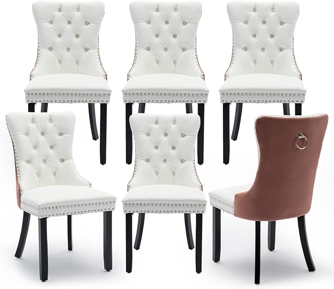 Leather Upholstered Dining Chairs Set of 6, Modern Style Kitchen Side Chairs with Nailhead Trim and Wood Leg, Metal Pulling Ring for Dining Room Living Room(White&Pink)