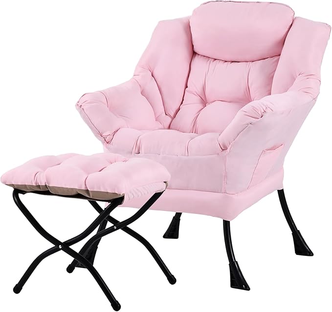 Tiita Lazy Chair with Ottoman, Modern Large Accent Lounge Armchair, Comfy Leisure Sofa Reading Chair with Footrest for Bedroom, Living Room, Dorm Rooms, Garden and Courtyard, Pink