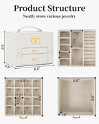 TORIBIO Jewelry Box for Women, Leather Jewelry Organizer with Mirror & Lock, 3-Tier Jewelry Storage Organizer with 2 Drawers for Girls/Women/Mothers, Necklace Earring Bracelets Holder Organizer