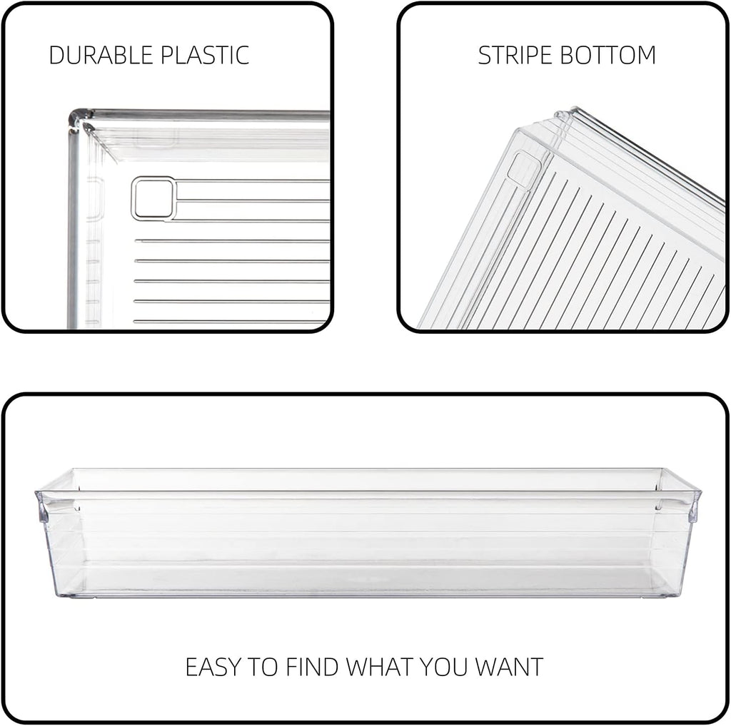4 Pack 12"x 6" Large Size Clear Plastic Desk Drawer Organizer Tray Bathroom Office Kitchen Utensils Silverware Gadgets Dividers Desk Drawer Storage Bins Container for Dresser Cosmetic Makeup