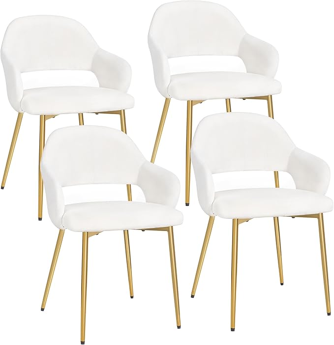 VECELO Velvet Dining Chairs Set of 4, Modern Upholstered Kitchen Chairs with Cushion, Padded Backrest and Metal Legs, White