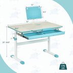 Costzon Kids Desk, Ergonomic Height-Adjustable Children Study Table w/Tiltable Desktop & Book Stand, Pull-Out Storage Drawer & Scale Ruler, Student Workstation for Writing, Drawing, Reading (Blue)