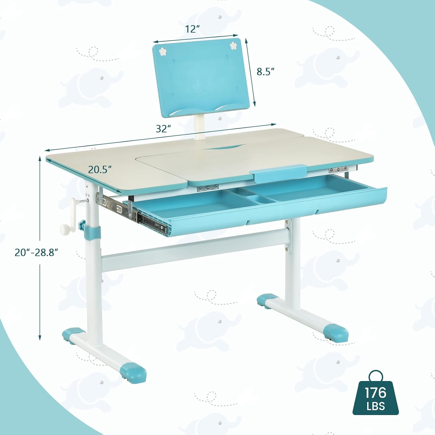 Costzon Kids Desk, Ergonomic Height-Adjustable Children Study Table w/Tiltable Desktop & Book Stand, Pull-Out Storage Drawer & Scale Ruler, Student Workstation for Writing, Drawing, Reading (Blue)