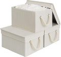 StorageWorks Storage Bins with Lids, Decorative Storage Boxes with Lid and Soft Rope Handles, Foldable Storage Baskets for Closet, Shelves, Stackable, 3-Pack, Ivory and White, Medium