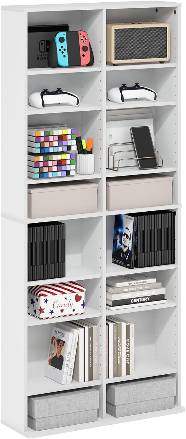 16-Shelf Wide CD Rack, 8 x 2 DVD Storage Cabinets with Adjustable Shelves, Easy Assembly DVD Shelf, Media Shelf for CD Blueray Game Disc, for Home Office, Living Room, White