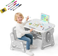 Costzon Kids Table and Chair Set, Height Adjustable Art Desk Set w/Whiteboard, Tilting Top, Storage Space, Tablet Holder & Markers, 4-in-1 Toddler Activity Furniture for Home Classroom Daycare (Gray)