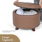 Athena Collection 24.5 Inch Small Ottoman with Storage, Round PU Leather Storage Ottoman Foot Rest with Removable Lid, Multipurpose Footstool Footrest for Livingroom, Bedroom, Dorm, Brown