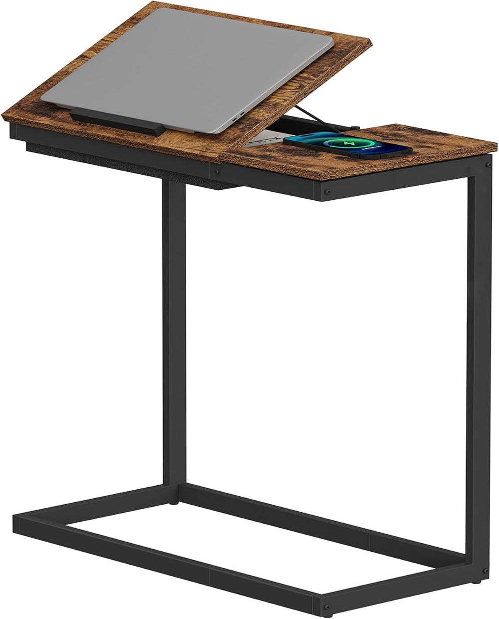TUTOTAK C Shaped End Table, Tilting Laptop Stand Side Table, Under Couch Tabl...