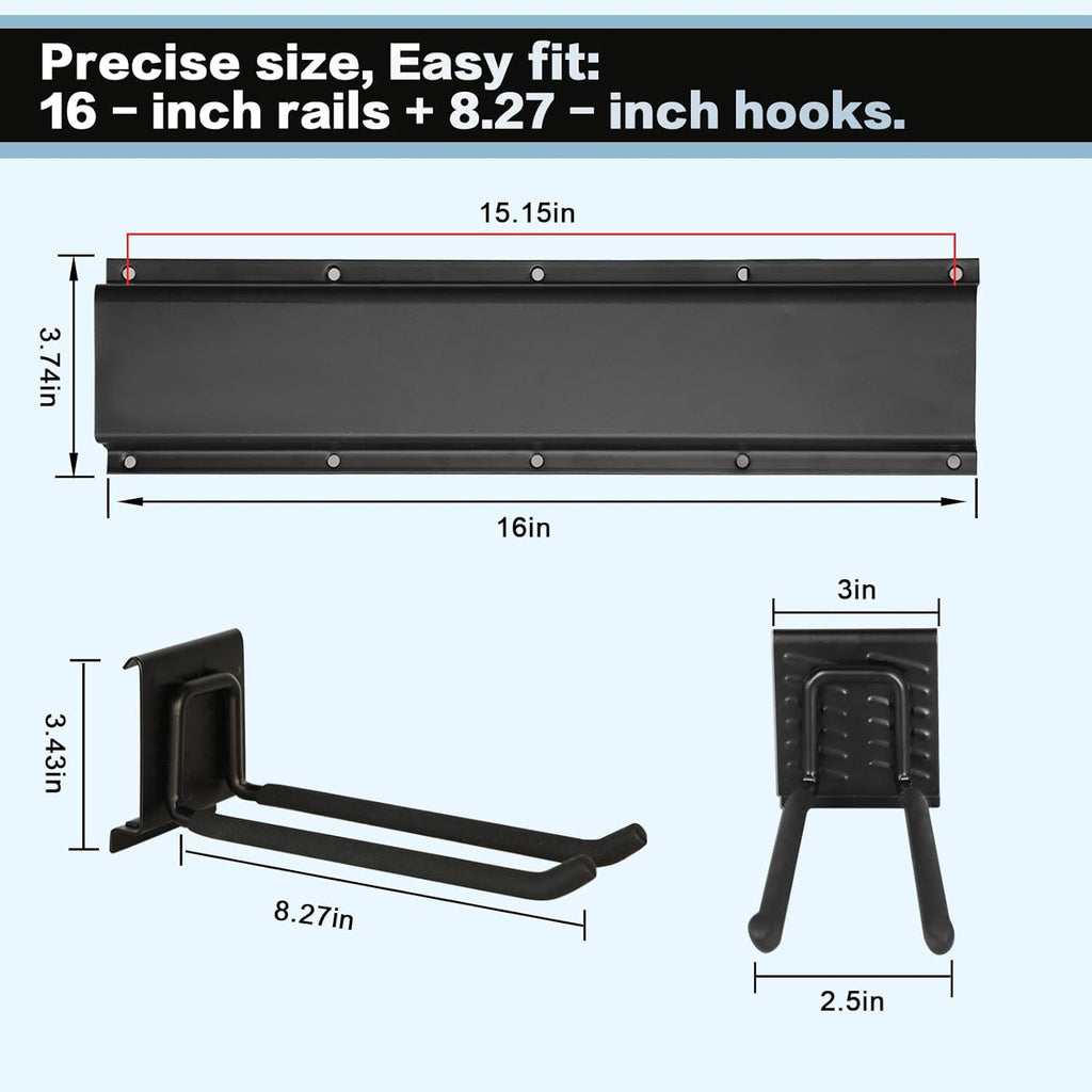 Garage Tool Organizer Wall Mount 16in- 2 Heavy Duty Hooks,120lbs Capacity, Garage Organization & Storage Rack for Broom, Rake & Snow Equipment - Tool Organizer & Men’s Gift Choice