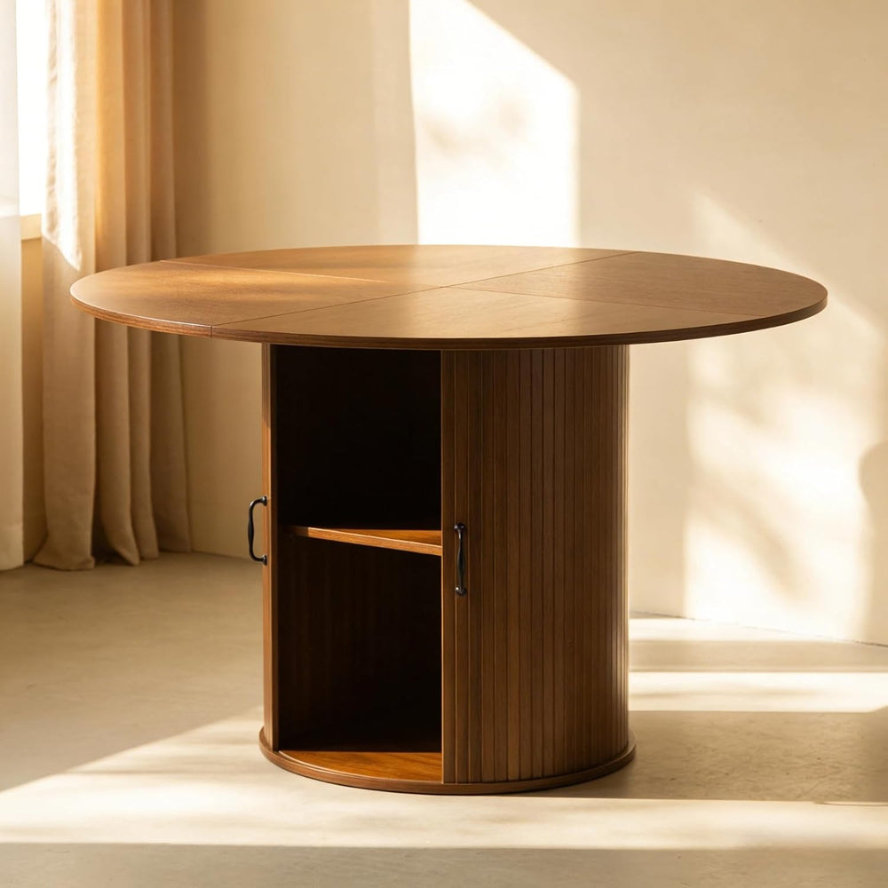 Round Dining Table with Storage Cabinet, Wood Kitchen Table with Double Doors...