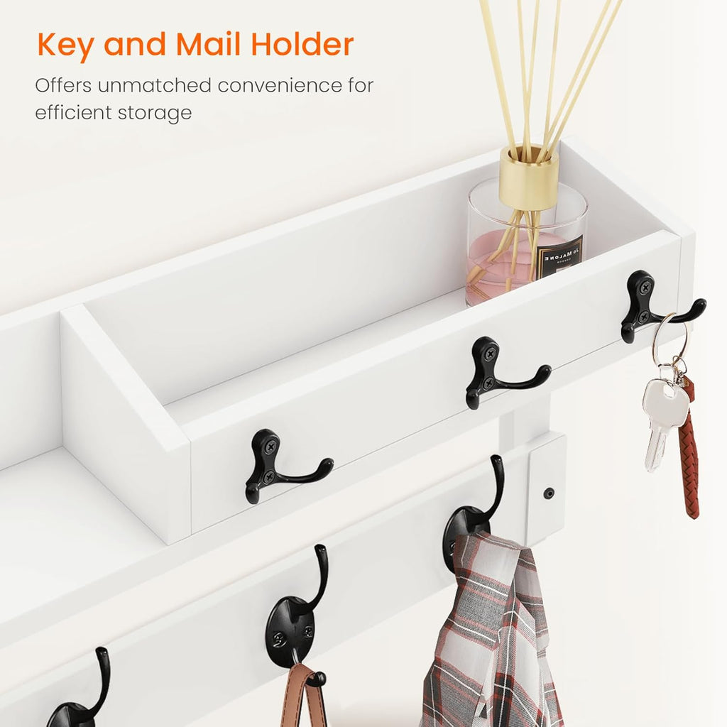 Homode Coat Rack Wall Mount with Hooks and Mail Holder, Entryway Floating Shelf with Key Hooks, Hanging Coat Hanger for Entry, Bathroom, Hallway, Bedroom, White
