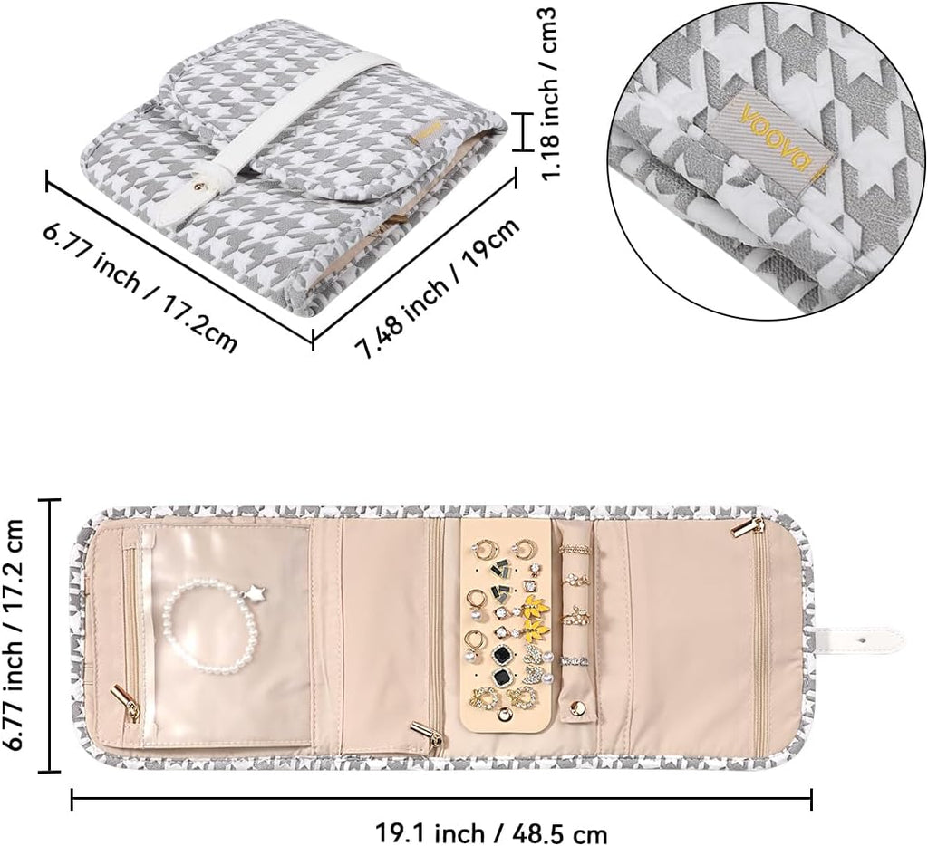 Voova Travel Jewelry Holder Organizer Case, Small Jewelry Storage Bag for Women Girls, Foldable Traveling Jewellery Pouch Roll for Necklaces Rings Earrings Bracelets, Mini, Grey+White