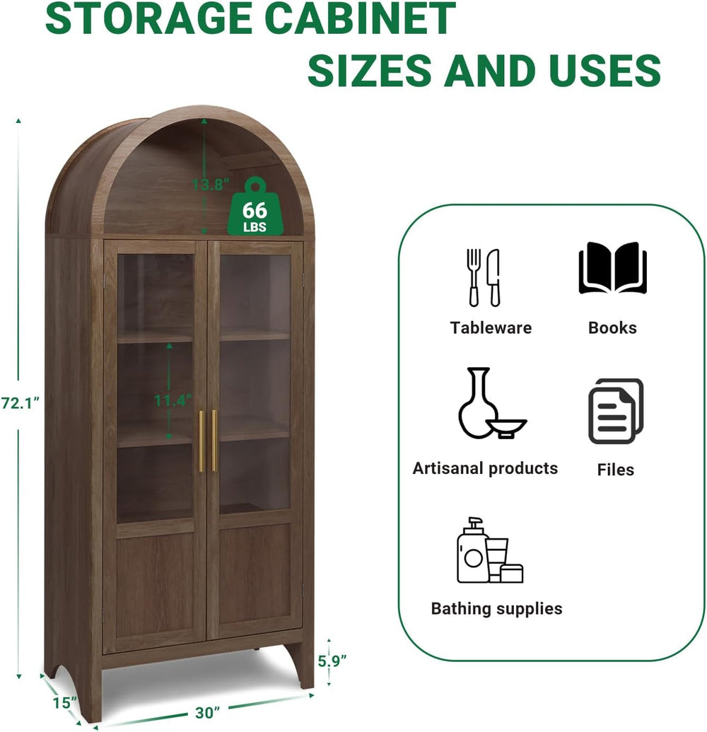 Arched Storage Cabinet with 2 Doors and 5-Tier Shelves for Living Room, 71&qu...