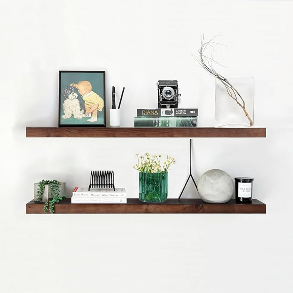 Homeforia Walnut 42 inch Floating Shelves, High End Solid Real Wood 42inch Floating Shelf for Wall, Large Dark Brown 42 inches Long Floating Shelves, Heavy Duty Bracket, 42 X 6.5 X 1.75 inch, Set of 3