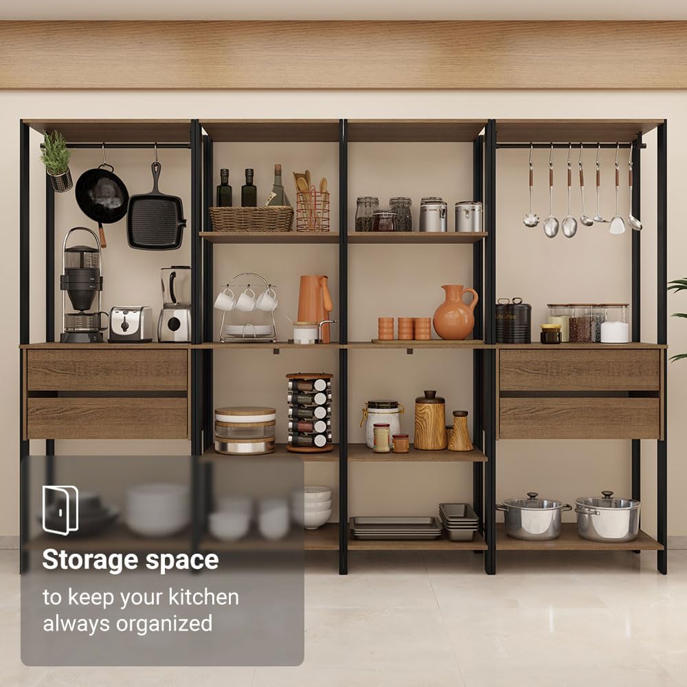 Madesa Kitchen Pantry Storage Rack with 4 Drawers, Open Shelves and Hanging S...
