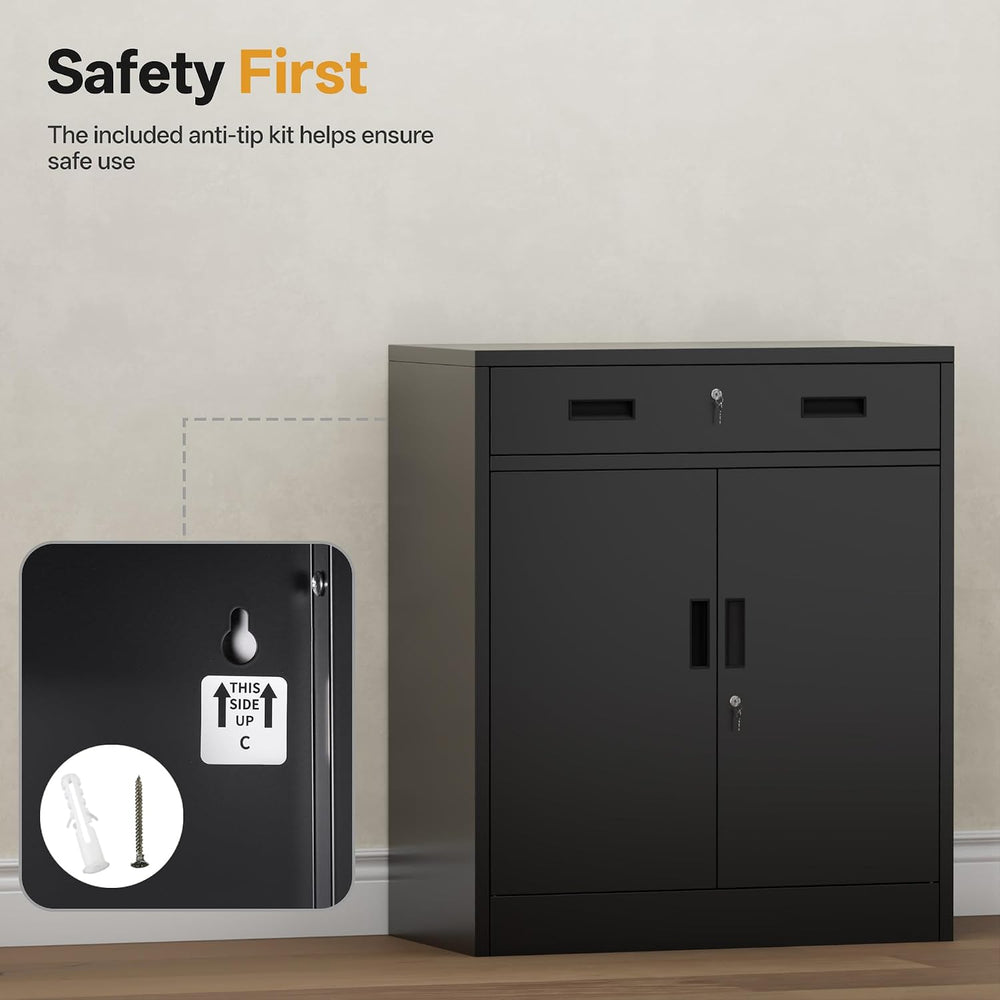 Metal Storage Cabinet 36" H, Locking Storage Cabinet with 1 Drawer and A...