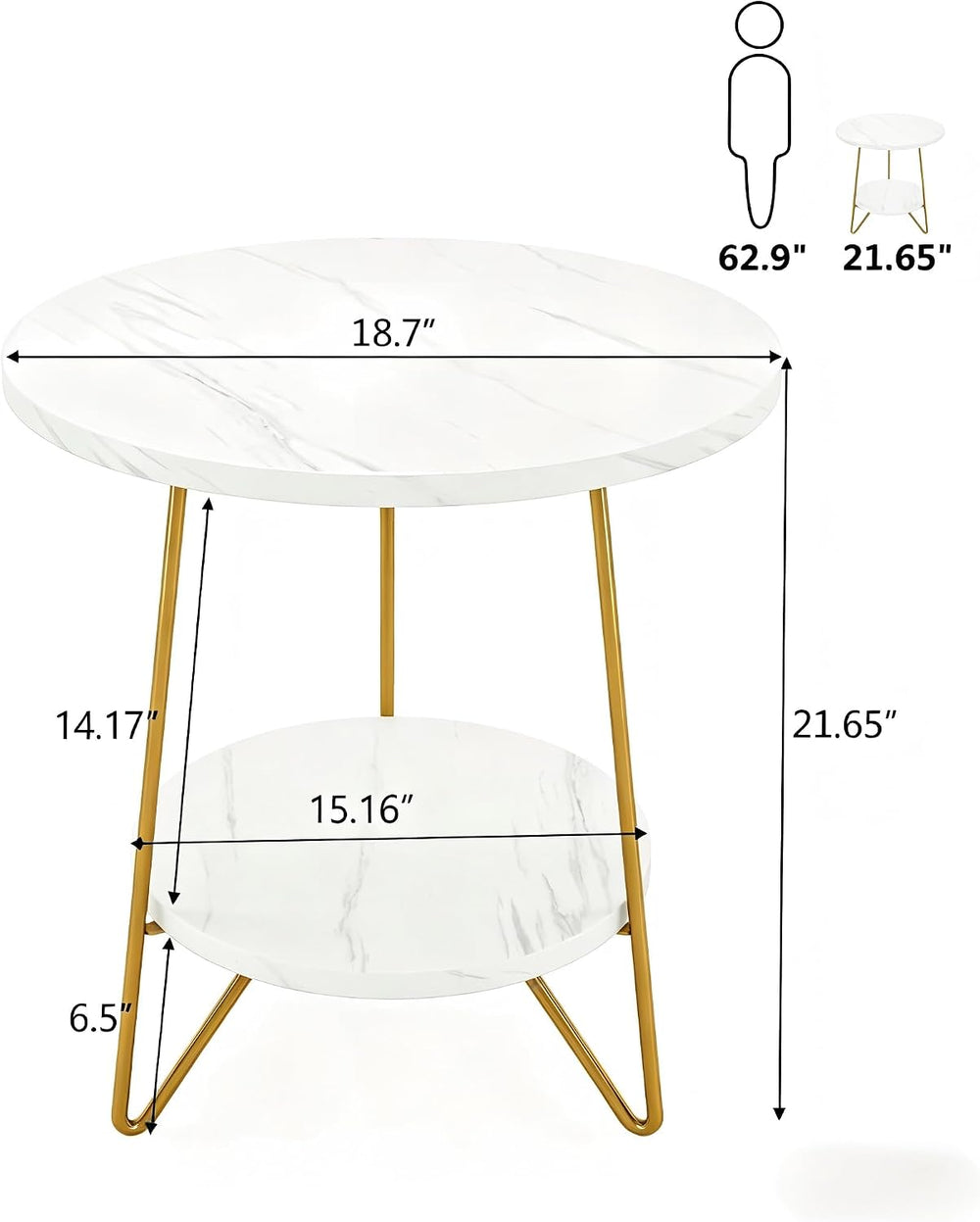 Oigavfd 18.7" Round End Table, 2-Tier Faux Marble Round end Table with S...