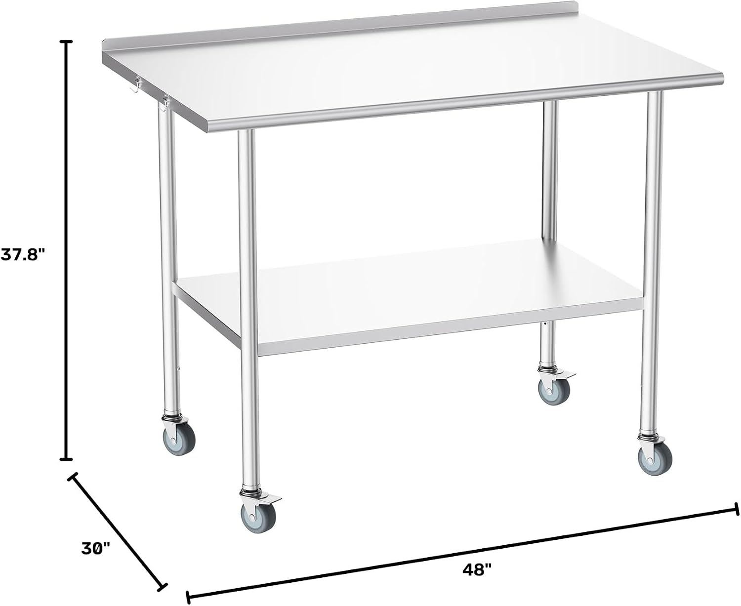 Atelicf NSF Stainless Steel Prep Table 30X48 inch, Backsplash & Casters | Mobile commercial-grade table for restaurants, kitchens, food trucks, breweries, bars, garages, and BBQ