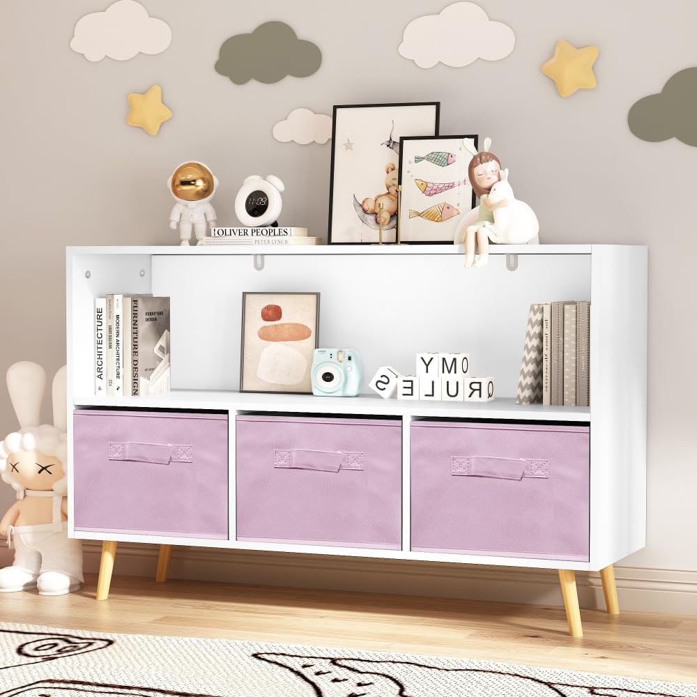 2-Tier Bookcase Bookshelf with Collapsible Fabric Drawers,Cute Book Display S...