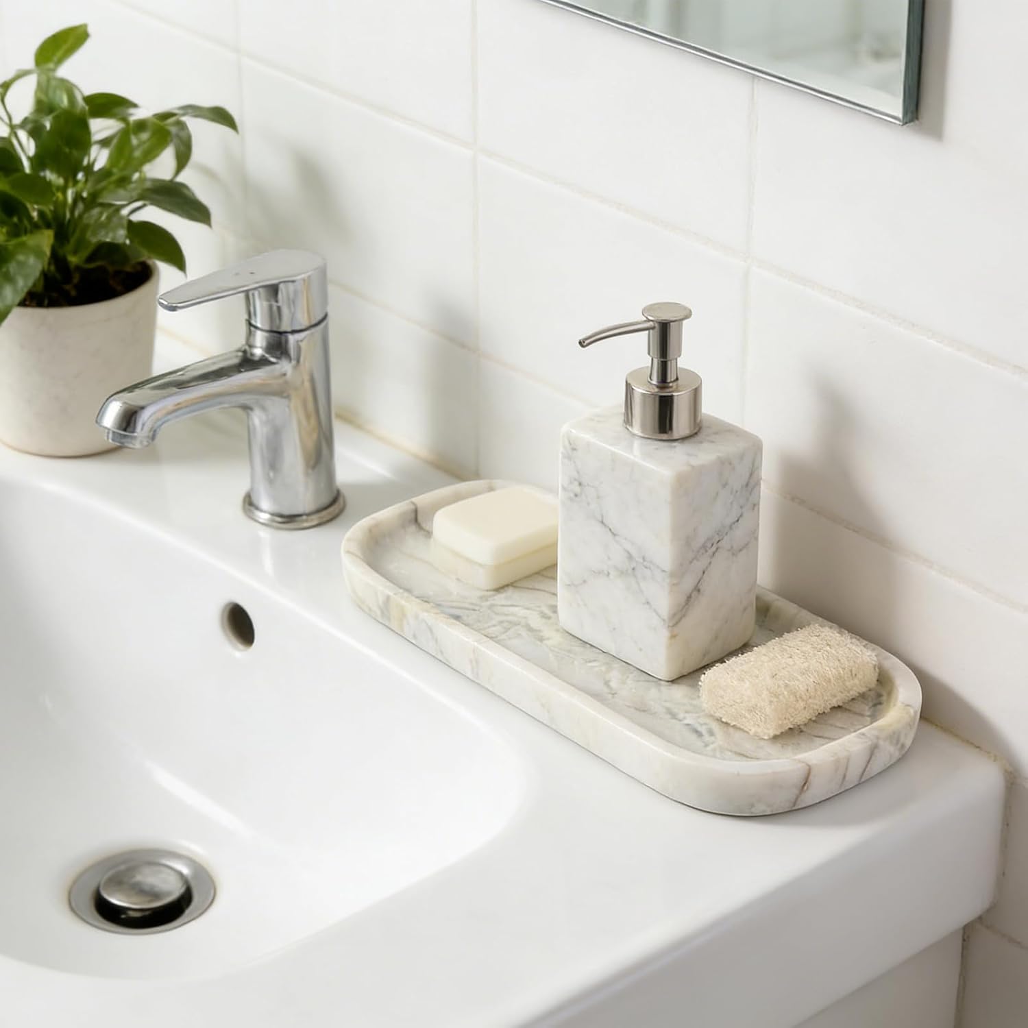 Koville Marble Tray, 10"x5" Marble Vanity Tray for Bathroom Countertop Kitchen Sink, Rectangular Stone Tray for Perfume Fragrance Jewelry Organizer, Decorative Catchall Tray(Bianco Palomino)