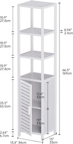 HITNET Bathroom Tall Cabinet, Floor Standing Bamboo Storage Cabinet with 6 Shelves and Shutter Door for Kitchen Living Room, White