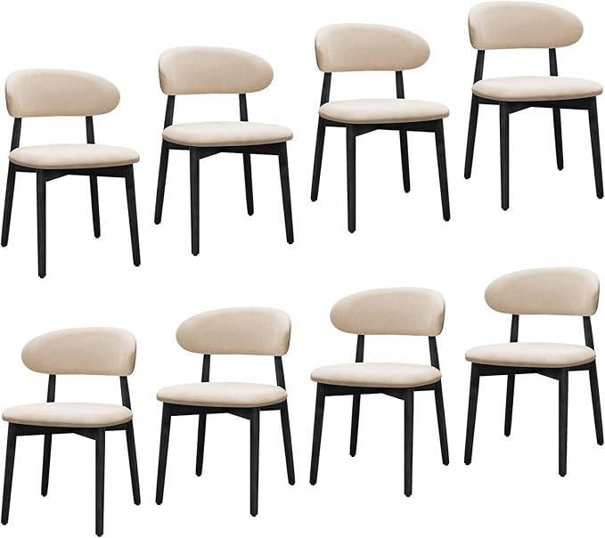 Farmhouse Dining Chairs Set of 8, Mid Century Modern Fabric Upholstered Kitchen Chairs, Wooden Dining Room Chair with Curved Back&Black Legs for Kitchen Dining Room Restaurant Cafe, Beige, Only Chairs