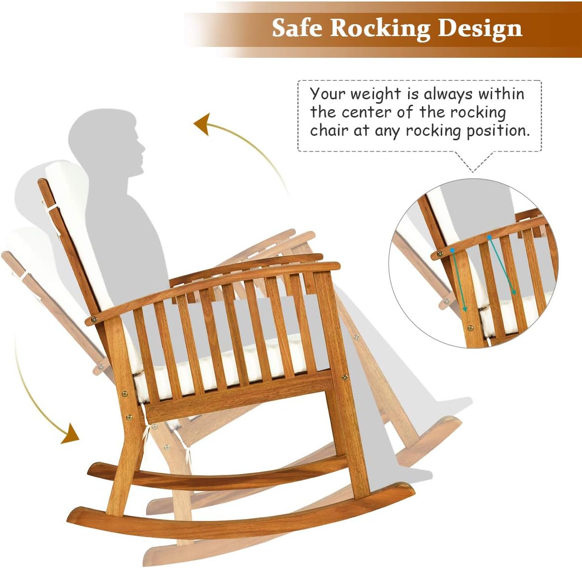 Tangkula 2 PCS Outdoor Acacia Wood Rocking Chair, Wooden Rocker w/Detachable Washable Cushions, Rocker for Porch Garden Patio Balcony Pool Indoor (2, Teak)