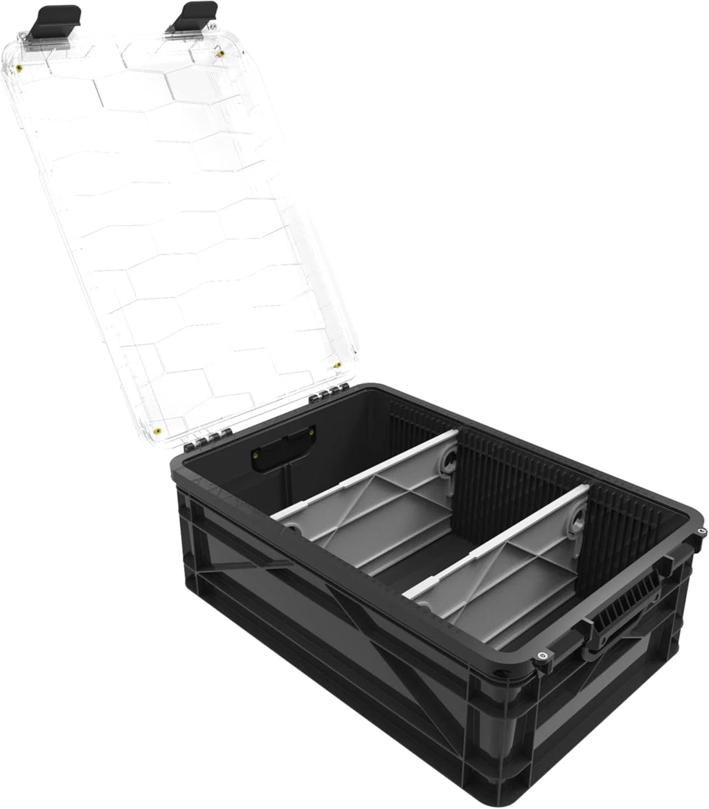 SIDIO Weather Resistant Stackable Storage Bins for Organization - Half-Size Plastic Bin with Dividers for Garage Organization, Home Storage - Heavy Duty Organizer Box (Black)