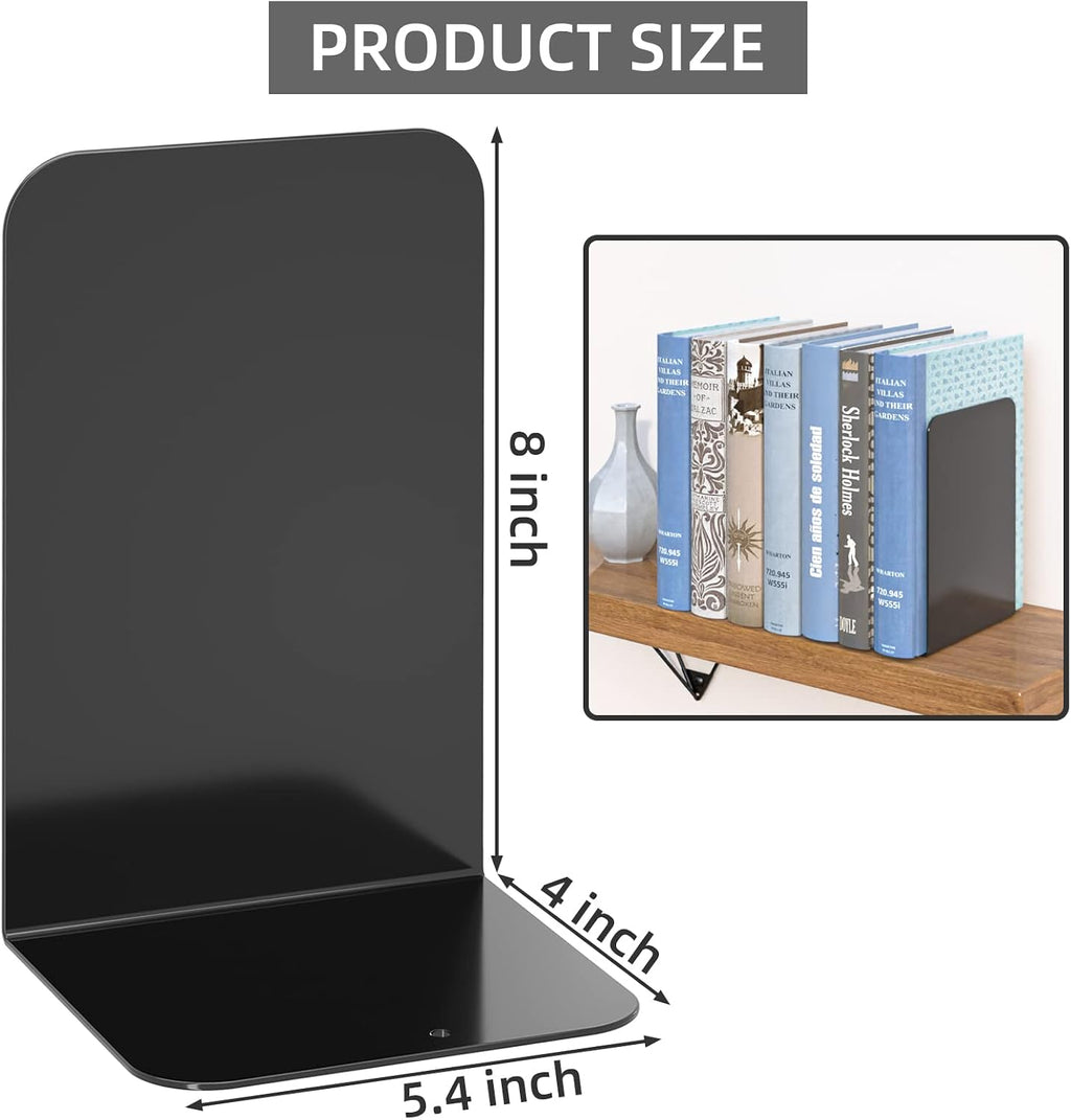 VFINE Bookends 1 Pair, Black Metal Book Ends, Heavy Bookends for Shelves, Book Stopper for Heavy Books, Book Organizer for Home Office School Supplies