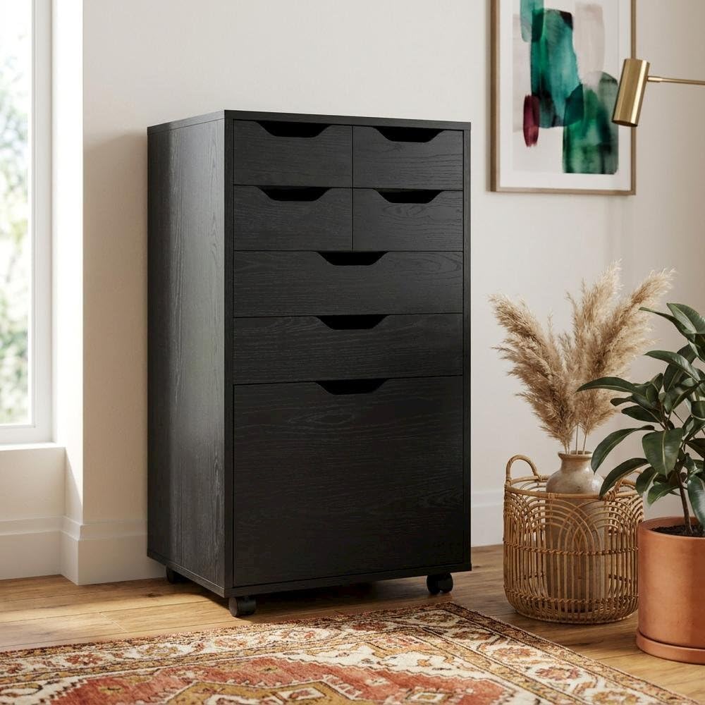 Furnifact Black Tall Mobile Storage Cabinet with Bins and Drawers, Rolling Or...