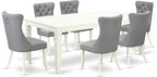 East West Furniture LGDA7-LWH-27 7 Piece Dining Set Includes a Rectangle Kitchen Table with Butterfly Leaf and 6 Polyester Fabric Parson Chairs, 42x84 Inch, linen white