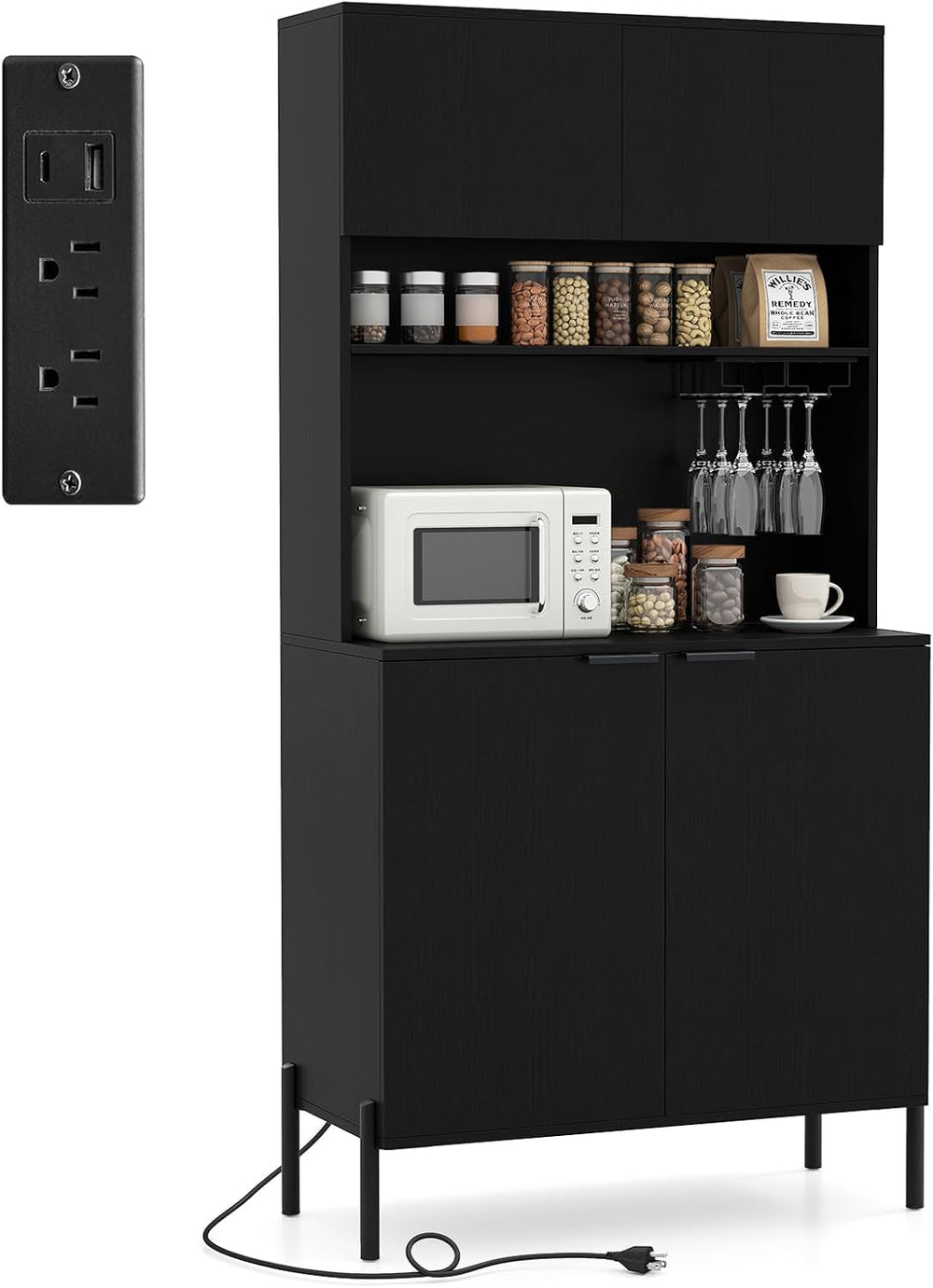 LOKO 64.5” Tall Kitchen Pantry Cabinet, Buffet Sideboard with Charging Statio...