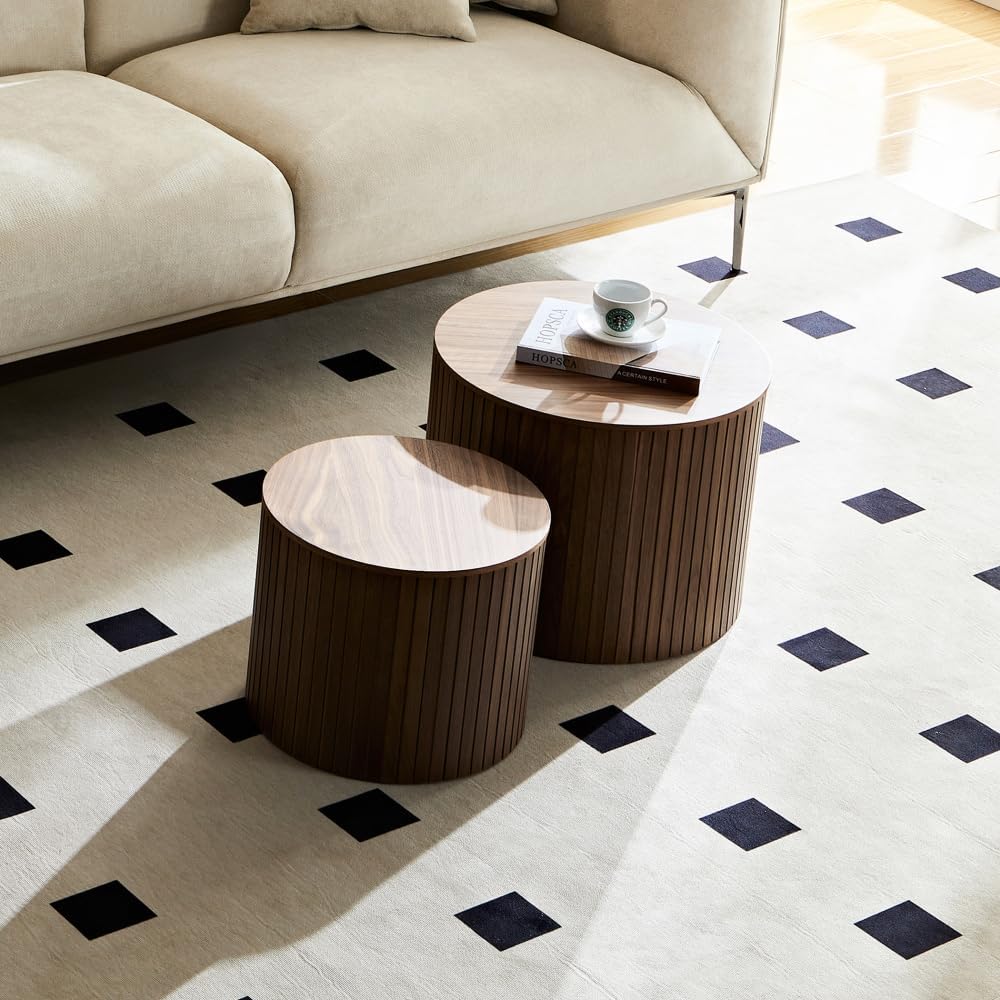 Nesting Coffee Tables Set of 2, Walnut MDF, Handcrafted Round Design | 2-Piec...