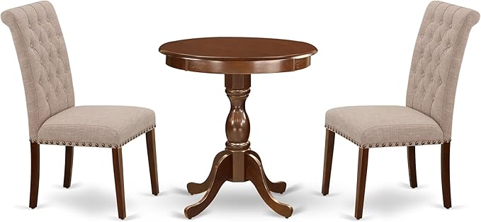 East West Furniture ESBR3-MAH-04 3 Piece Modern Dining Table Set Contains a Round Wooden Table with Pedestal and 2 Light Tan Linen Fabric Parson Dining Chairs, 30x30 Inch, Mahogany