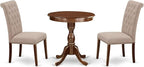 East West Furniture ESBR3-MAH-04 3 Piece Modern Dining Table Set Contains a Round Wooden Table with Pedestal and 2 Light Tan Linen Fabric Parson Dining Chairs, 30x30 Inch, Mahogany
