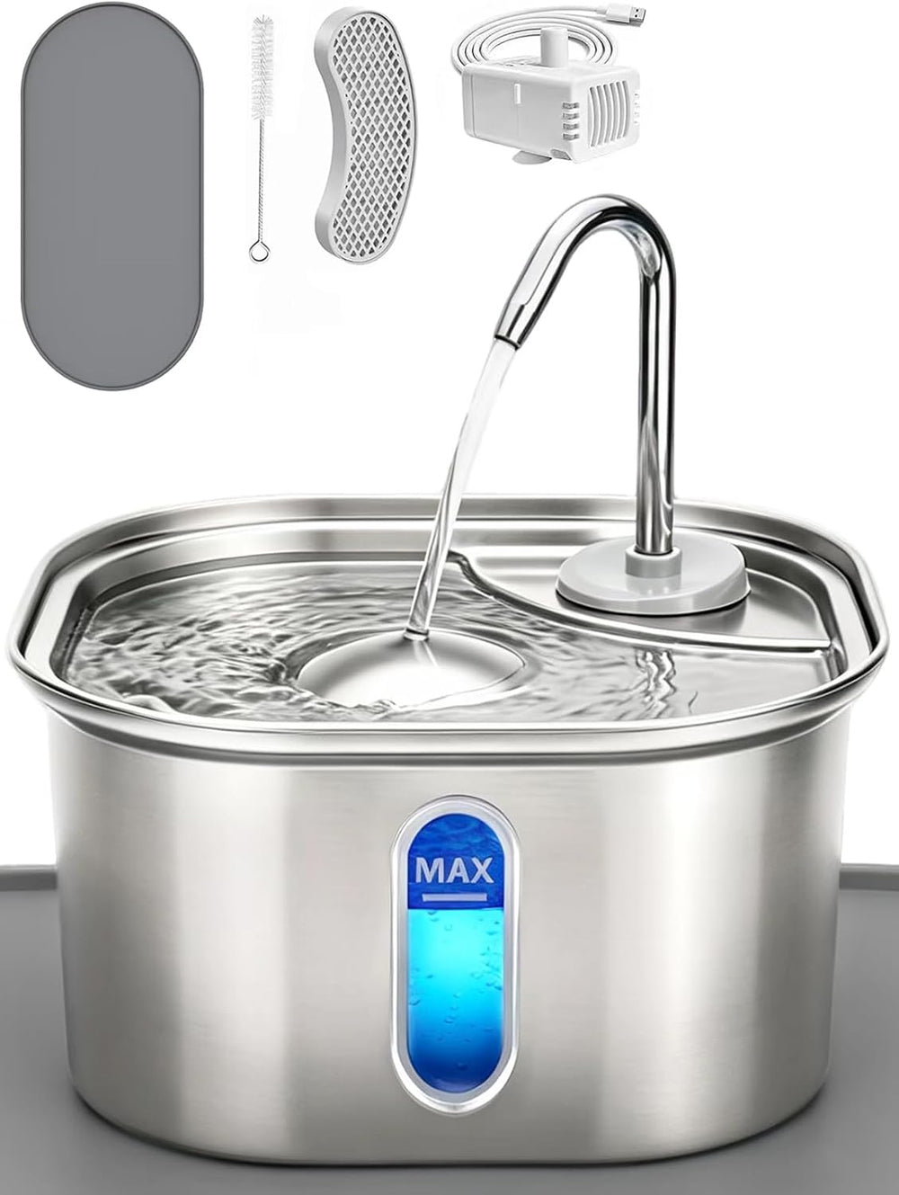 Cat Water Fountain Stainless Steel Set 3.2L 108oz & Silicone Waterproof Mat