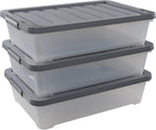 3-pack 40 Quarts Large Plastic Under Bed Boxes with Wheels, Shallow Storage Tote Bins