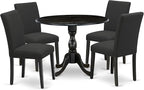 East West Furniture DMAB5-ABK-24 5 Piece Modern Dining Table Set Includes a Round Wooden Table with Dropleaf and 4 Black Color Linen Fabric Upholstered Chairs, 42x42 Inch, Wirebrushed Black