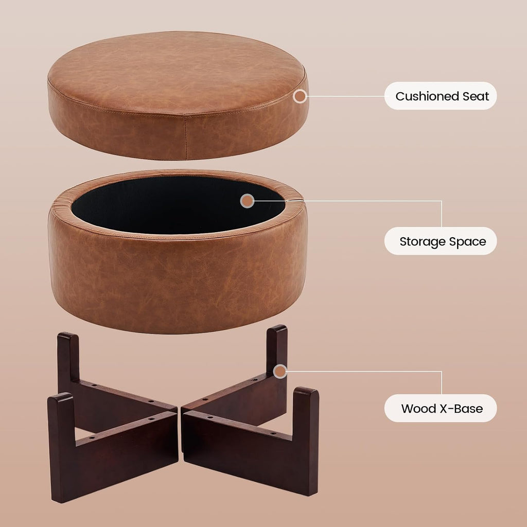 26Inch Round Storage Ottoman, Modern Faux Leather Ottoman Coffee Table with Removable Top, Upholstered Ottoman with Storage, Footrest Stool for Living Room, Bedroom (Light Brown)