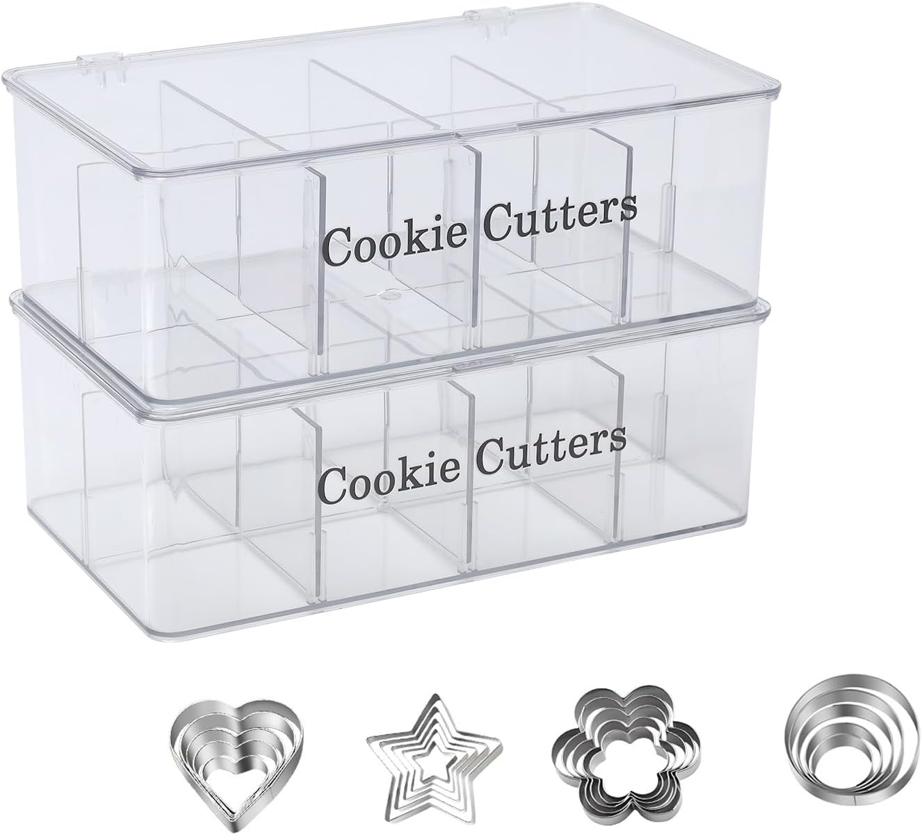 2 Pack Cookie Cutter Tool Storage Box,Cake Decorating Supplies Storage Accessories Bins,Baking Storages Containers with Dustproof Lid,Biscuits Cutter Organizer Storages with 8 Adjustable Compartment