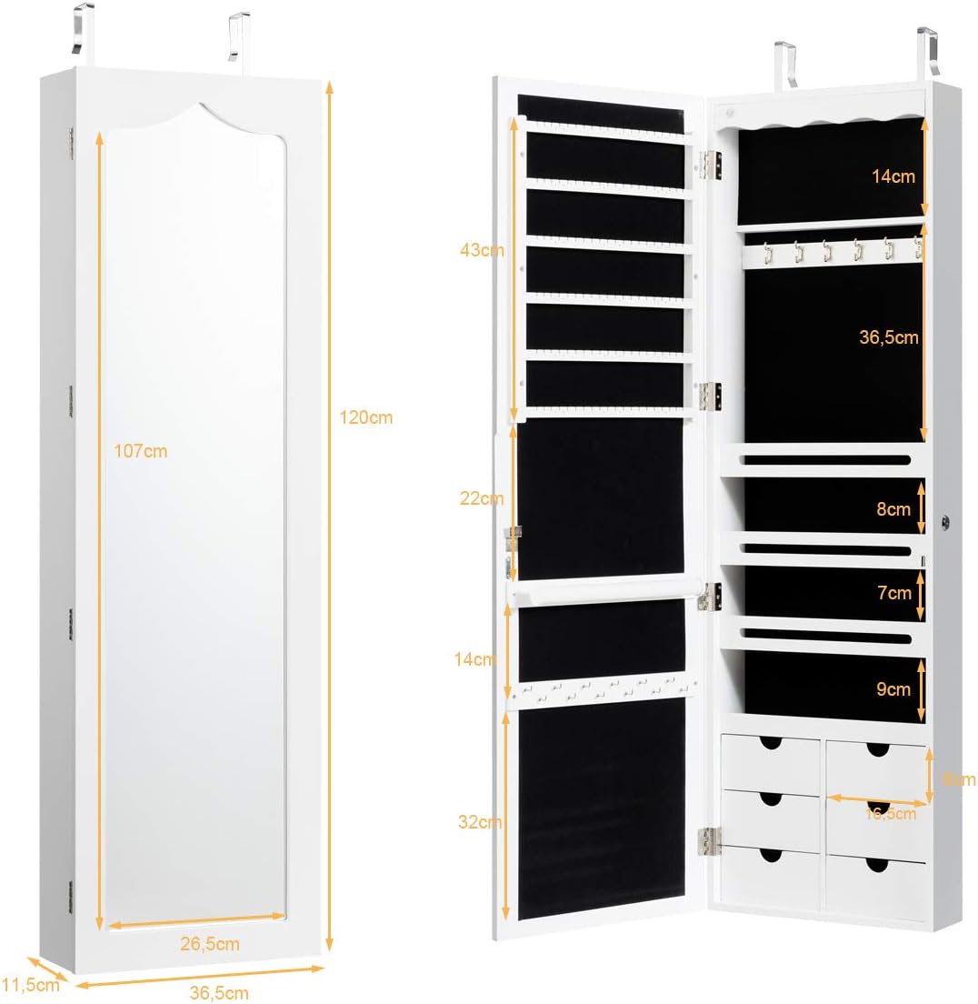 COSTWAY Jewellery Cabinet with LED Lighting, 6 Drawers and Mirror, Hanging Sail Cabinet, Wall Cabinet for Door and Wall Mounting, Lockable (White)