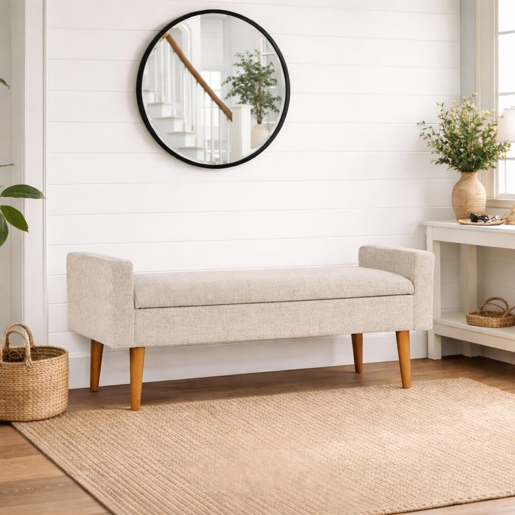 HomePop Fulton 48" Storage Bench - Textured Cream Fabric