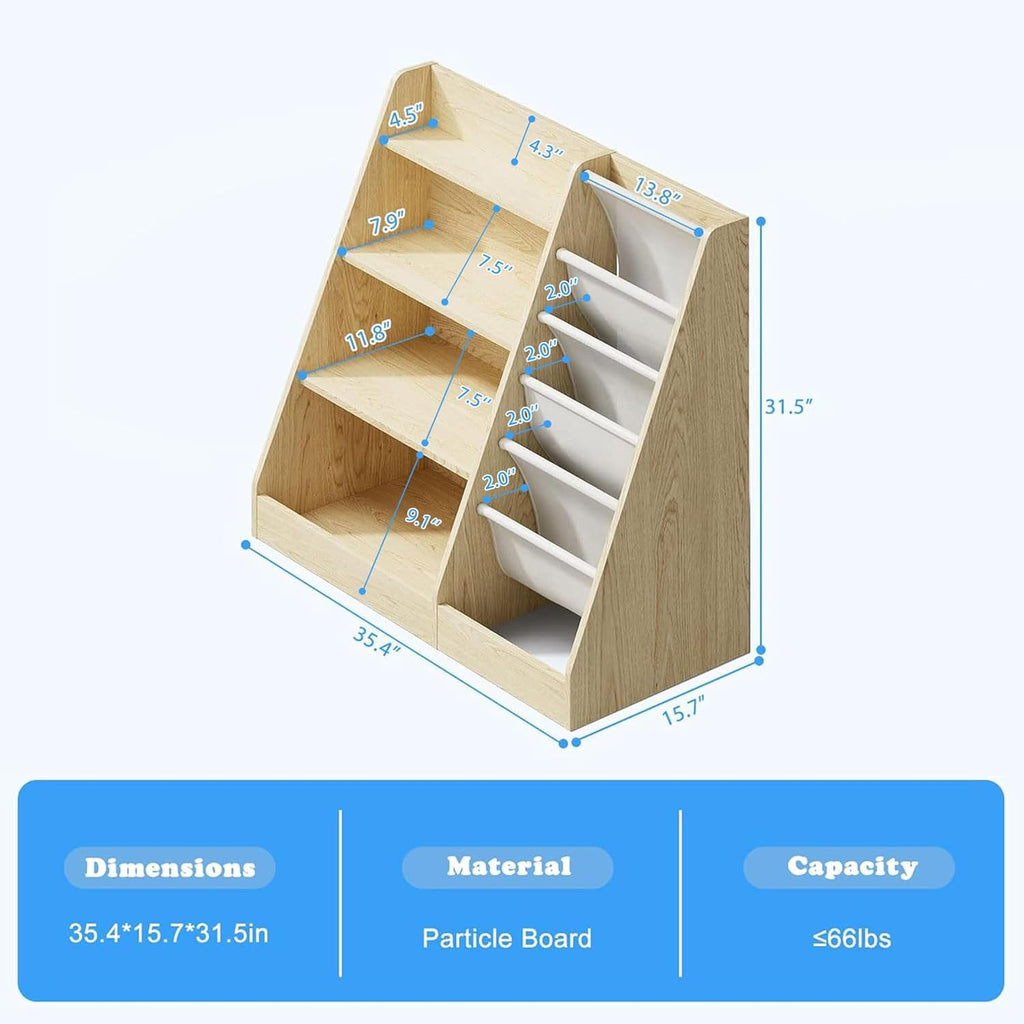 4 Tier Kids Wooden Bookshelf,Five Layer Sling Children Bookcase,Baby Storage Book Rack,Book and Toy Organizer Cabinet Chest,Book Display Shelf,Playroom Nursery Classroom Library