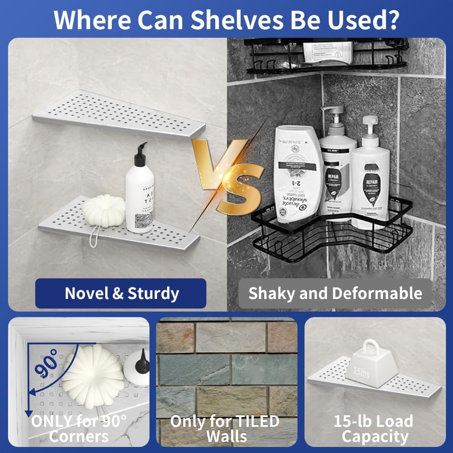 Corner Shower Shelf, Brushed 12" Trapezoid Floating Shelf, 304 Stainless Steel Grid Design Recessed Bathroom Shelf for Tiled Wall, No Drilling
