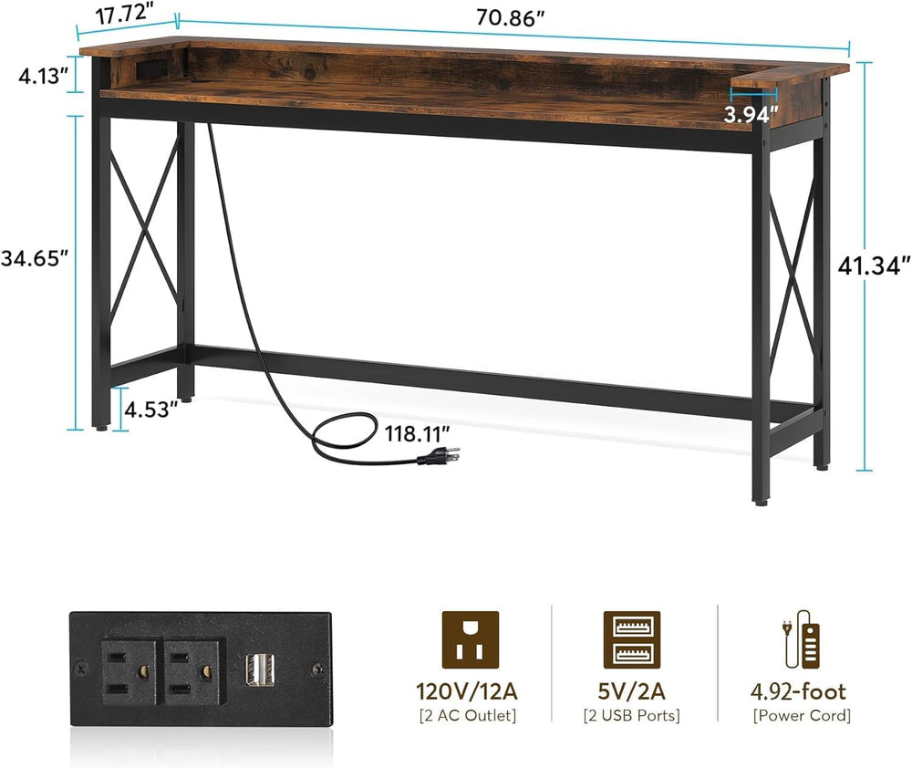 LITTLE TREE 70.9 inch Long Sofa Console Table with Outlets Charging Station N...