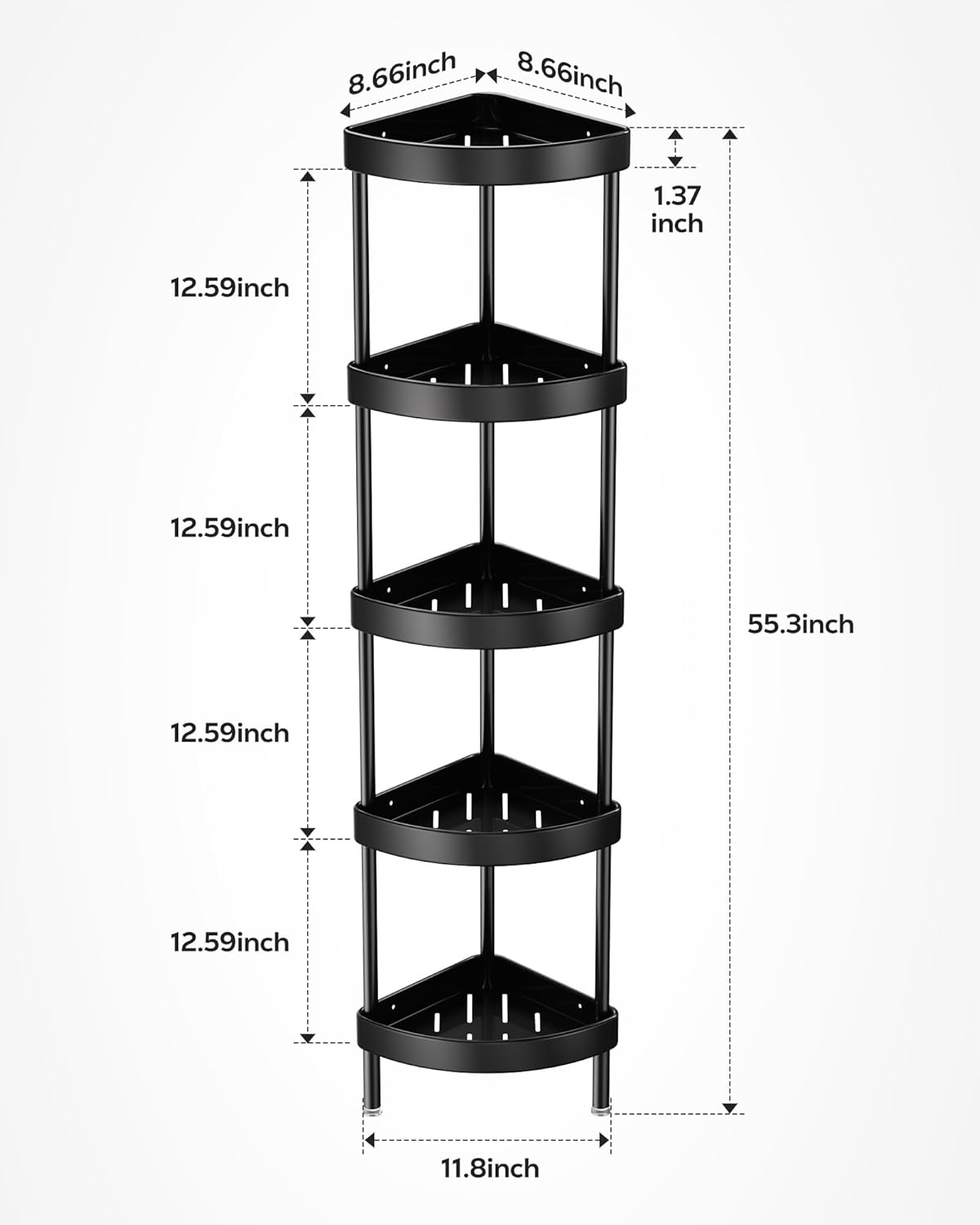 Nieifi Corner Shower Caddy Stand-5 Tier Rustproof Anodized Aluminum Standing Shower Organizer-Shower Caddy Corner-Dual Stability to Anti-Shaking-Height-Adjustable Legs for Uneven Surfaces-Black