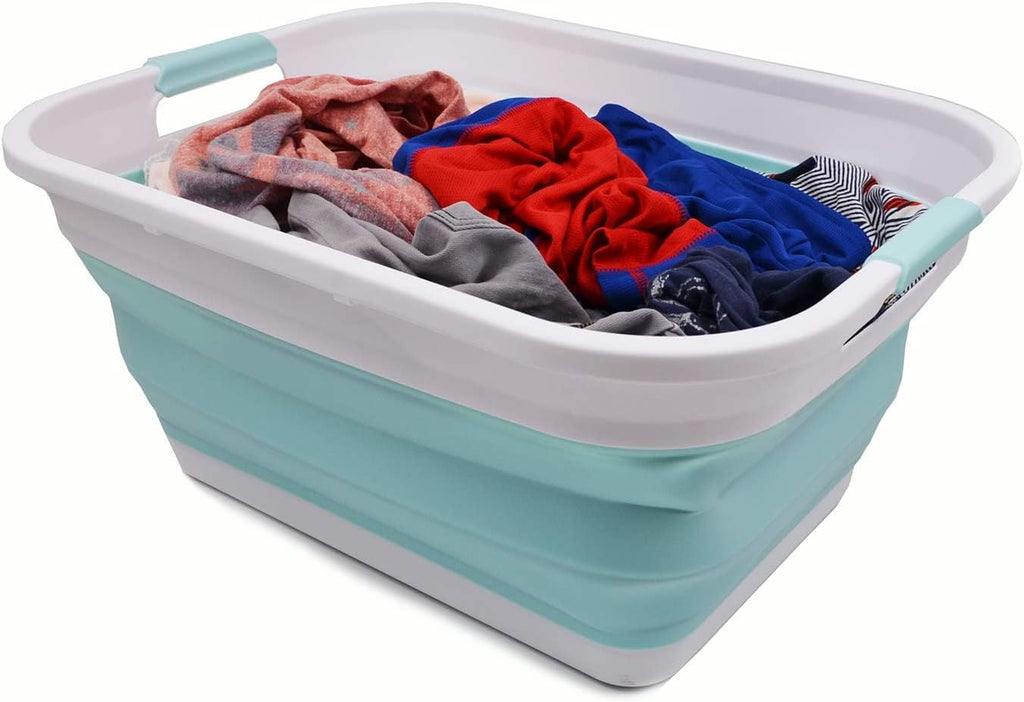 SAMMART 41L (10.8 gallon) Collapsible Plastic Laundry Basket-Foldable Pop Up Storage Container/Organizer-Portable Washing Tub, Water capacity: 32L (8.4 gallon) (Rectangular, White/Lake Green)