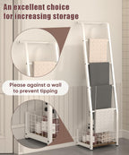 6.3ft Blanket Ladder with Storage Basket, 5 Tier Decorative Ladder Shelf Stand for Living Room & Bedroom, Wall-Leaning Blanket Holder Quilt Rack for Home Décor, Rustic Brown & White